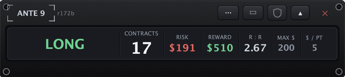 Ante 9 collapsed to a single readout strip — direction, contracts, risk, reward and R:R