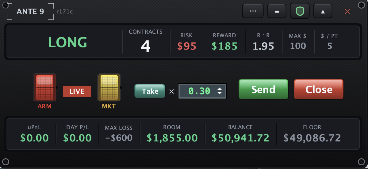 Ante 9 in Execution mode — the compact trade cockpit