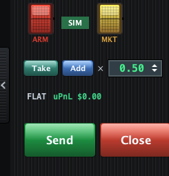 The Ante 9 execution tray: ARM, market or limit, scale, Send and Close